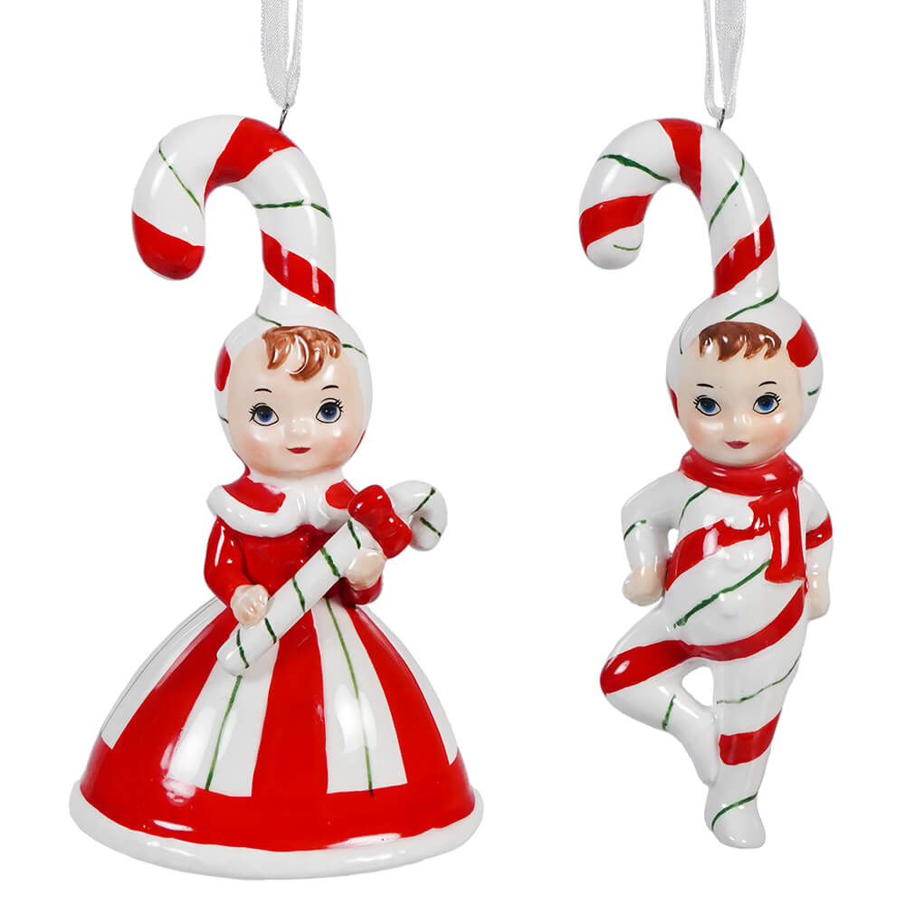 Porcelain Candy Cane Kids Ornaments Set/2 - Christmas