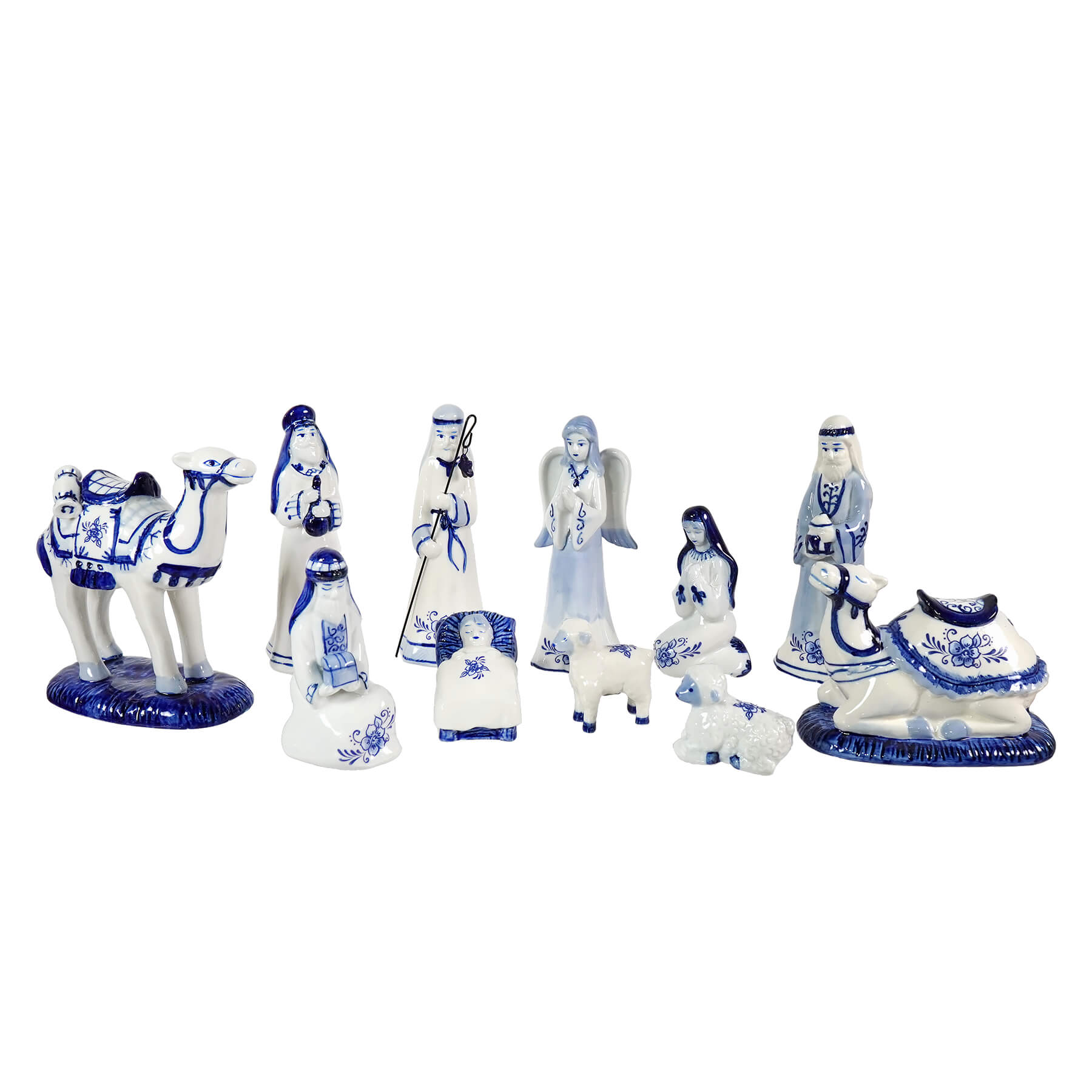 Porcelain delft blue and white ceramic nativity scene figurines in an 11-piece manger set for nativity and religious decor