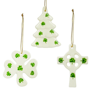 Porcelain Irish Tree, Cross & Shamrock Ornaments Set/3