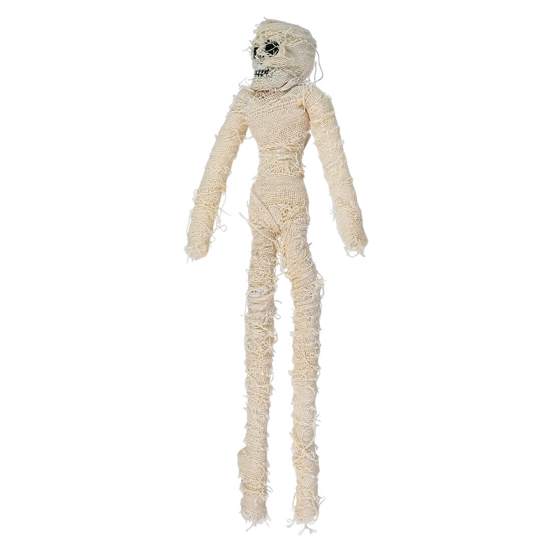 Plush mummy toy with long, thin limbs and a skull-like head.