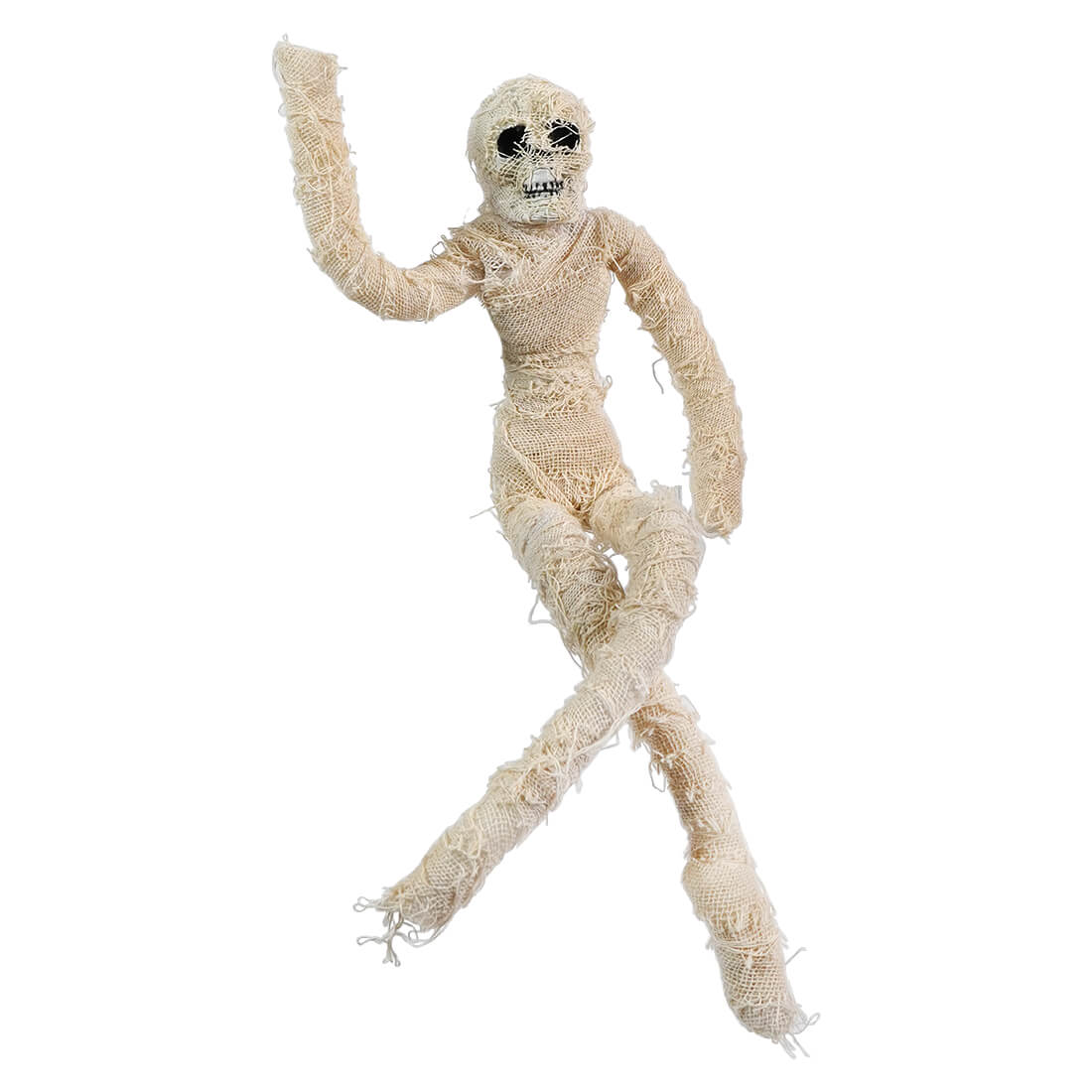 Mummy-like plush toy with long limbs in a dancing pose.