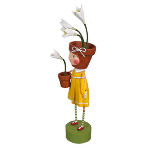 Pot head whimsical lori mitchell figurine of a girl in yellow dress holding terracotta pots with white lilies for spring decor