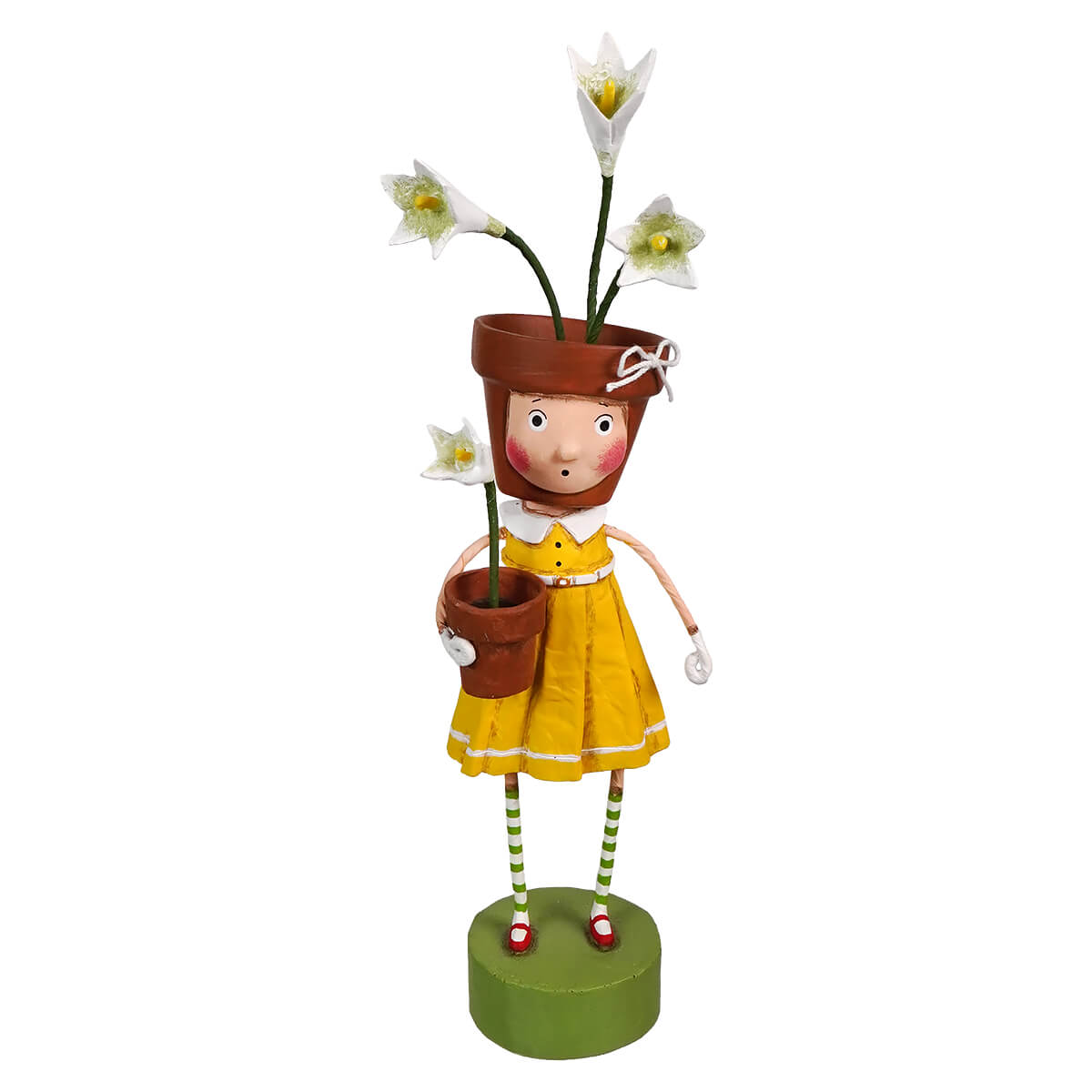 A lori mitchell pot head figurine of a girl in a yellow dress with striped legs holding terracotta pots for spring decor