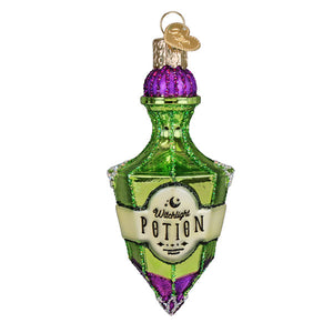 Green and purple glass potion bottle ornament with gold cap and witchlight potion label perfect for halloween cauldron ornament tabletop decor
