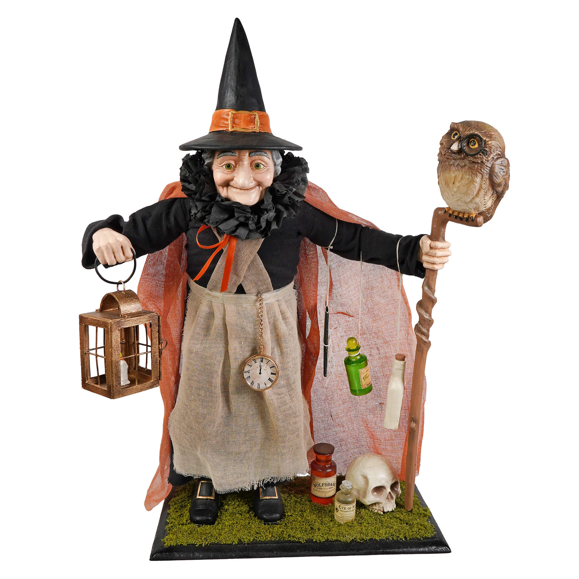 Detailed zelda witch figurine in black dress with orange band hat holding lantern and owl staff for halloween witches decor