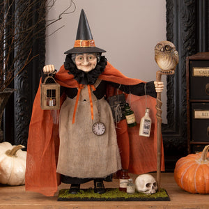 Detailed halloween witches figurine potion peddler zelda witch with black hat orange scarf burlap dress owl and lantern