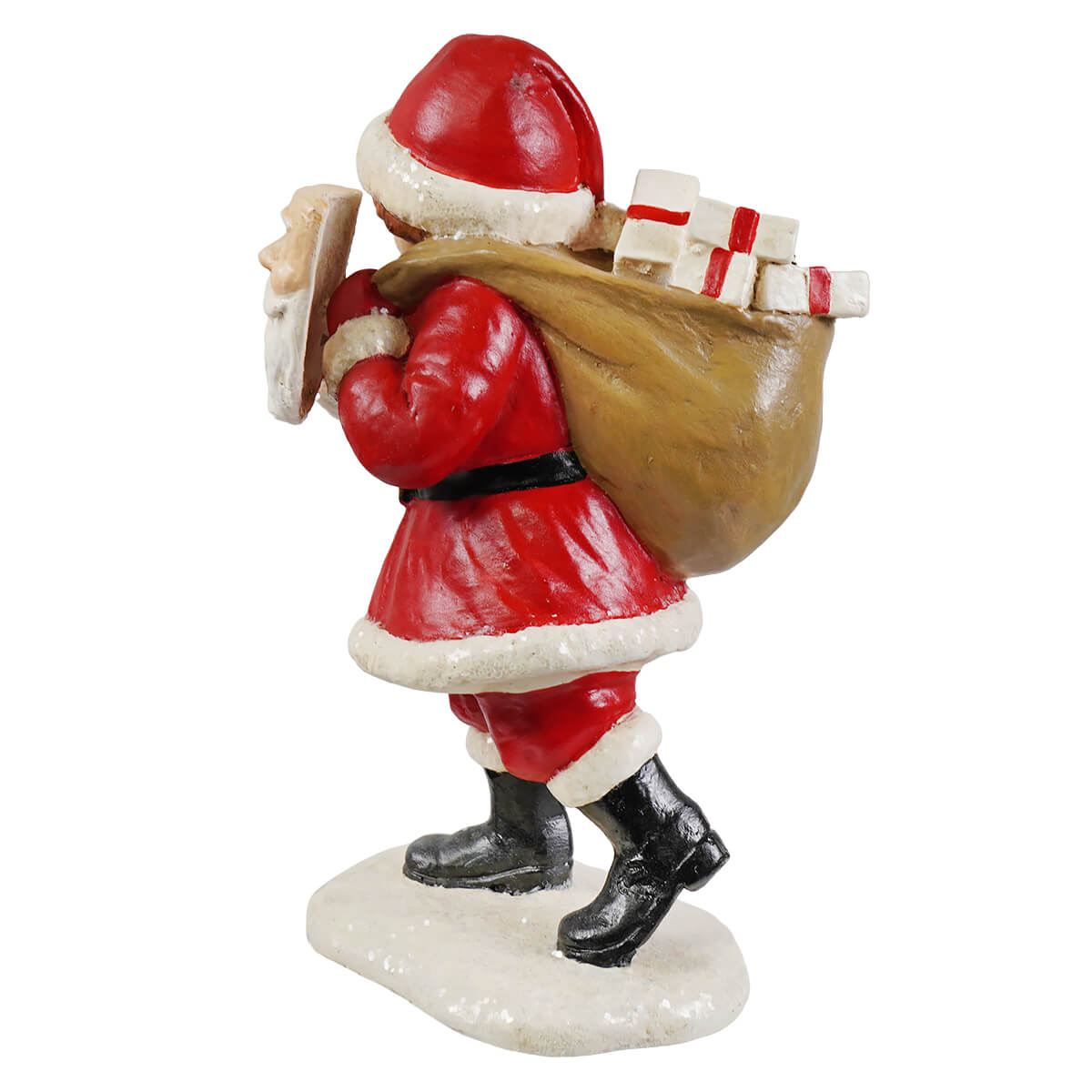 Pretending to be santa red and white bethany lowe designs santa figure with brown gift sack on snowy base folk art santas