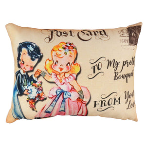 Beige vintage pretty bouquet pillow with printed young couple illustration on nicely woven fabric spreading holiday cheer