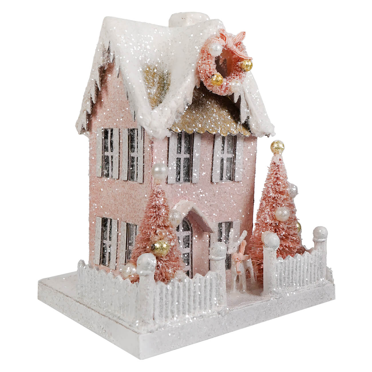 Pink glittery bethany lowe christmas cottage figurine with snow dusted roof gold accents and pearl decorated trees