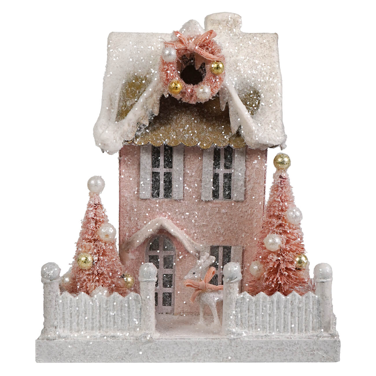 Pretty in pink cottage glittery pink bethany lowe christmas house ornament with snow-dusted roof and gold pearl decor
