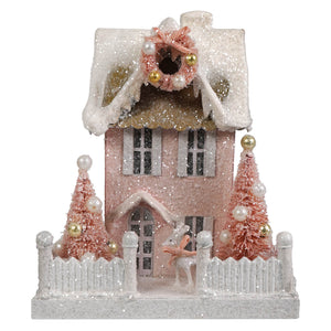 Pretty in pink cottage glittery pink bethany lowe christmas house ornament with snow-dusted roof and gold pearl decor