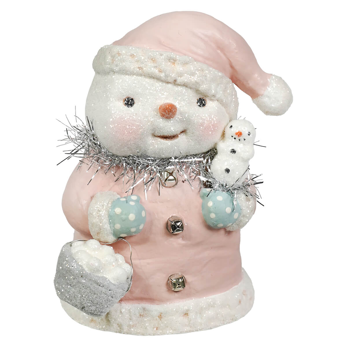 Pretty in pink snowgirl by bethany lowe designs is a pink glittery snowman figure holding a small snowman and silver bucket