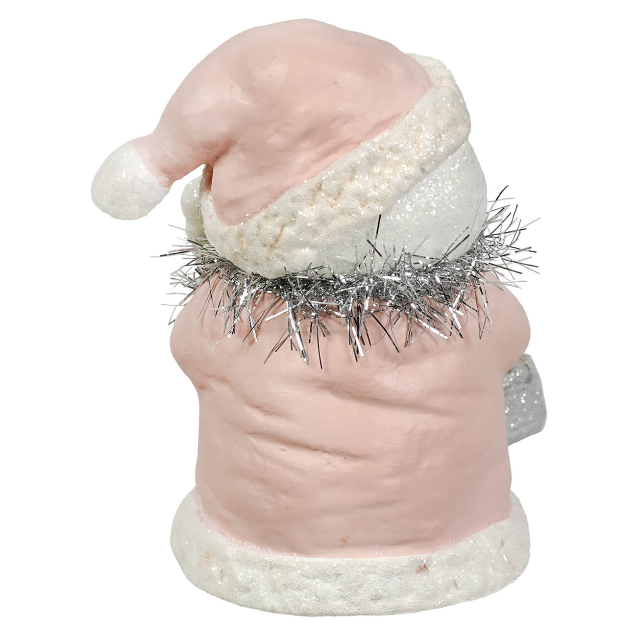 Pretty in pink snowgirl figurine by bethany lowe designs with white glitter trim and silver tinsel waist decor