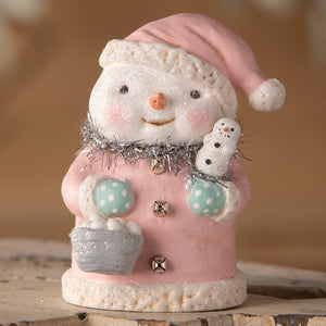 Pretty in pink snowgirl pink snowman figurine with silver tinsel and bell accents from bethany lowe designs christmas snowman figures & decor