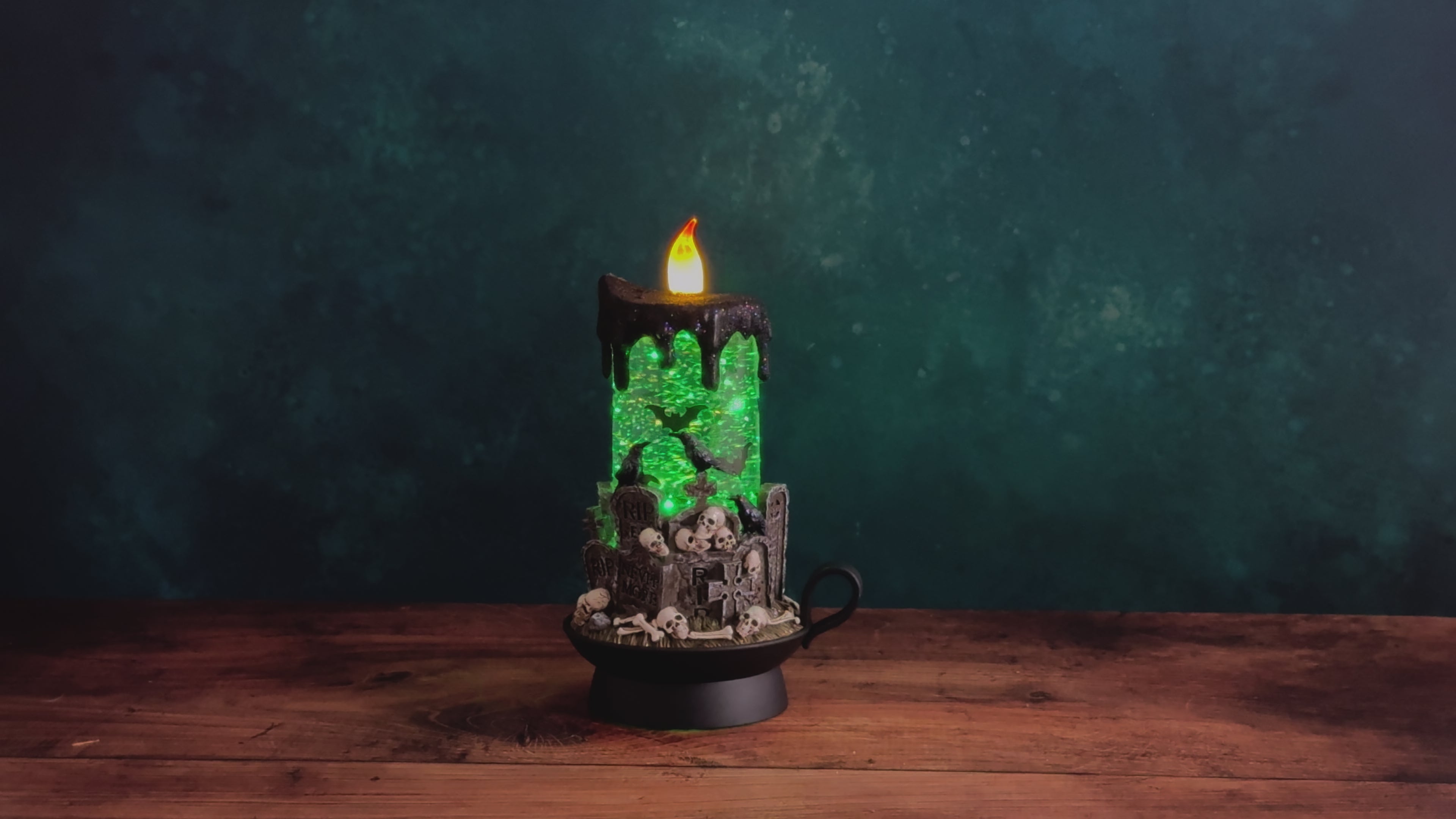 Green Lighted Spinning Water Globe Graveyard Scene Flickering Candle