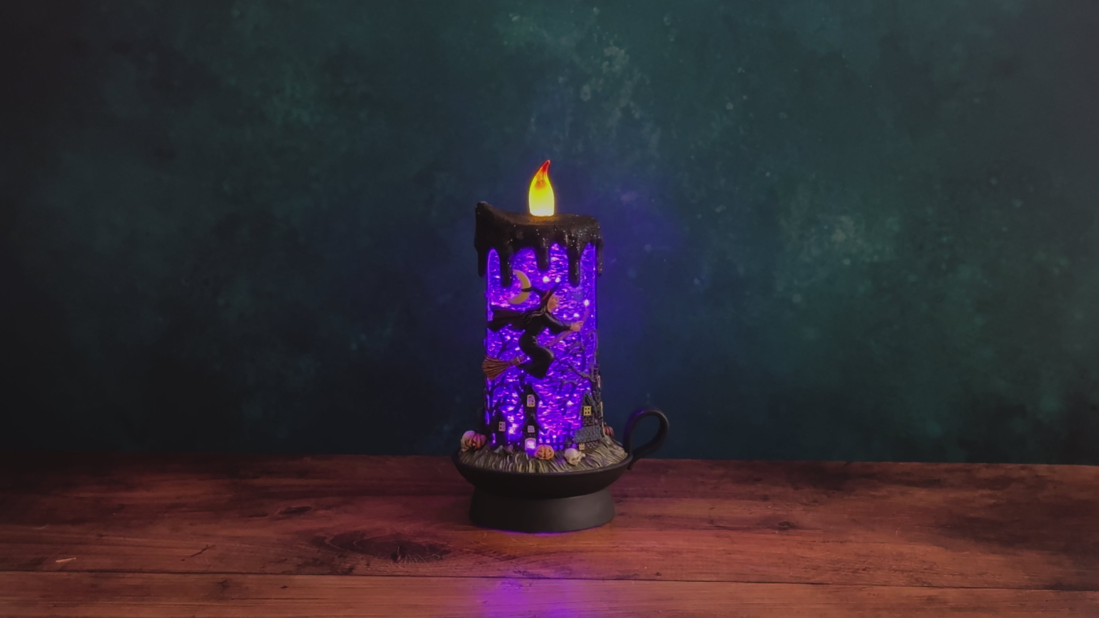 Purple Lighted Spinning Water Globe Witch & Haunted House Flickering Candle