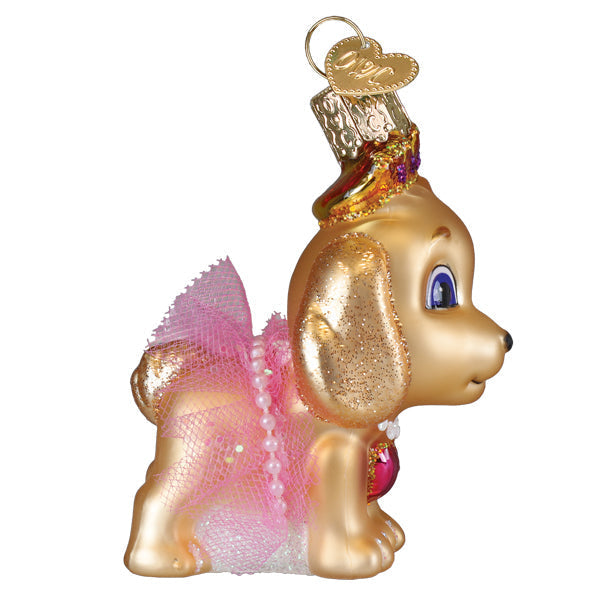 A golden glass puppy princess ornament wearing a pink tutu pearl necklace and jeweled crown pink ornament