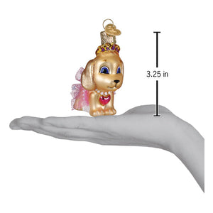 Golden glass princess ornament of a puppy with jeweled crown pink tutu and heart necklace pink ornament