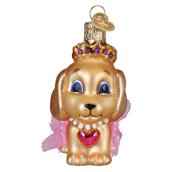 Golden glass christmas ornament featuring a princess puppy with blue eyes, adorned in a jeweled crown and pink lace collar.