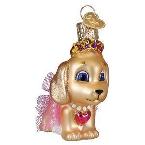 Golden glass princess ornament of a puppy wearing a purple jeweled crown pink lace tutu and pearl necklace with heart pendant