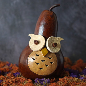 Handcrafted owl gourd decoration made from dark brown small lighted gourd with wooden eyes by meadowbrooke gourds artisans