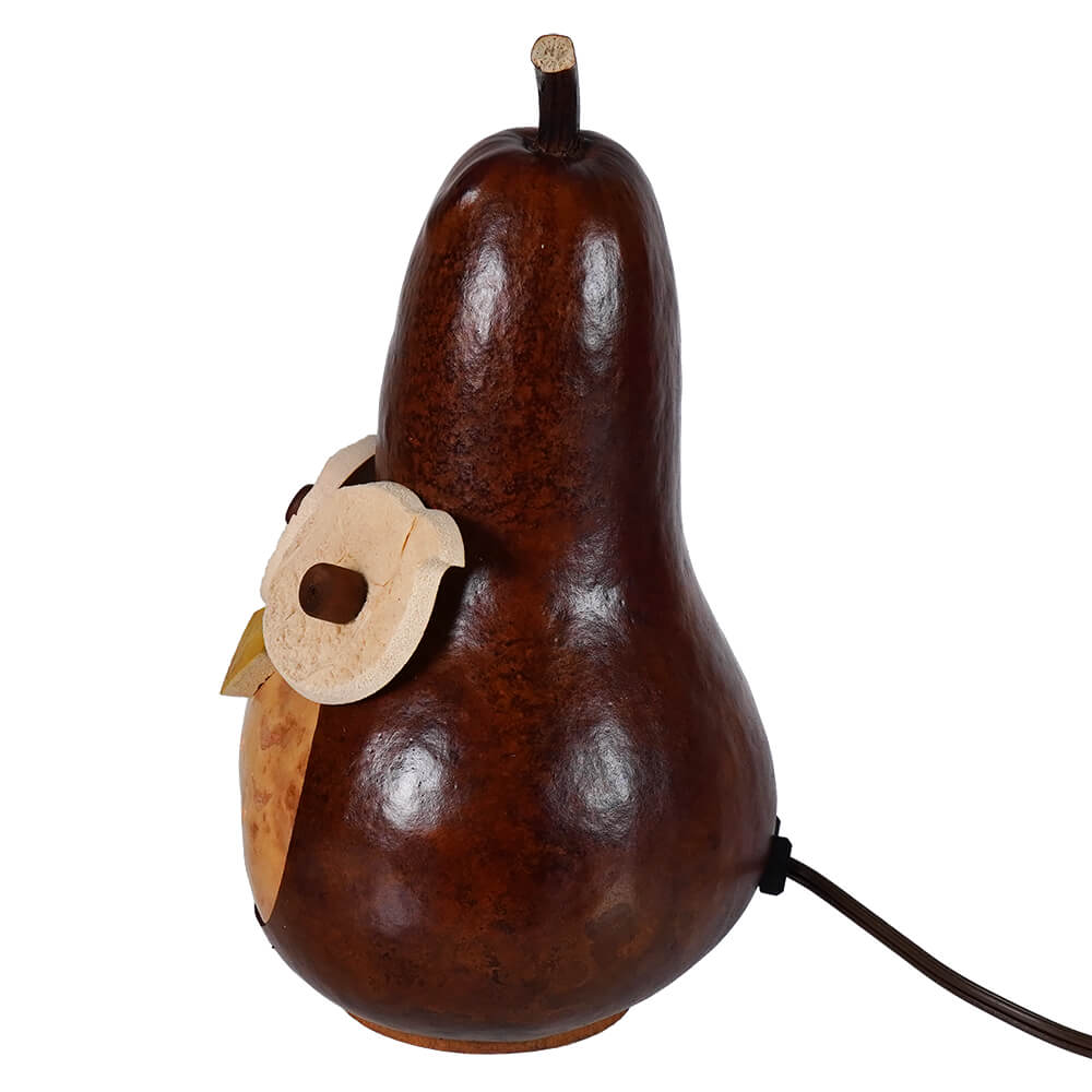 A dark brown glossy owl gourd lamp with a carved wooden face from meadowbrooke gourds artisans small lighted gourd