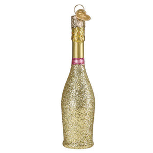 Prosecco bottle ornament with gold glitter glass finish, pink ribbon, and gold foil cap christmas glass ornament