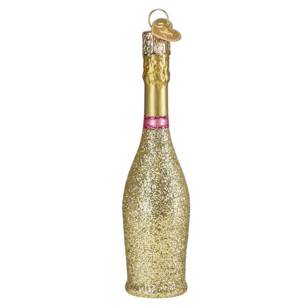 Prosecco bottle ornament with gold glitter glass finish, pink ribbon, and gold foil cap christmas glass ornament