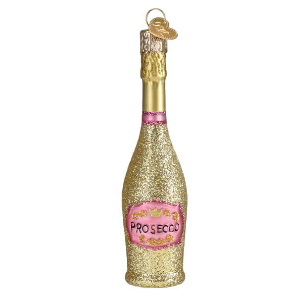 Golden glittery prosecco bottle ornament with pink label and gold foil details perfect as a christmas glass ornament