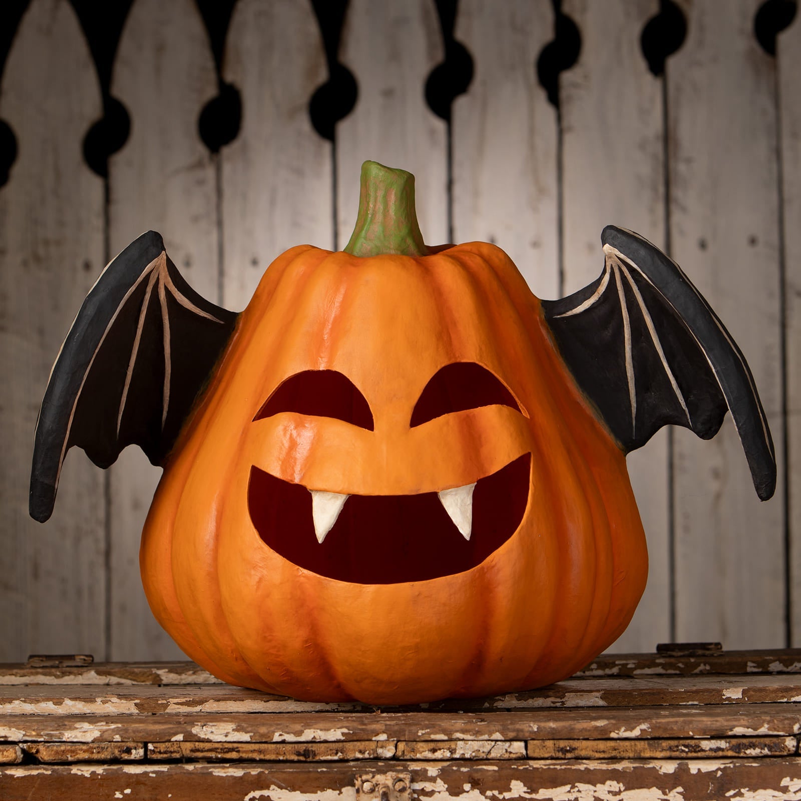 Orange pumpkin bat luminary large with black wings and carved vampire face perfect for halloween pumpkins and gourds decor