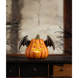Orange pumpkin bat luminary with black wings hand-painted resin glowing candle inside bethany lowe design