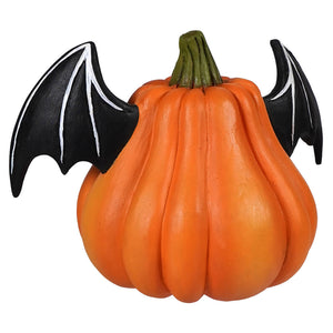 Orange pumpkin bat luminary with black bat wings and white outlines hand-painted resin bethany lowe design figurine
