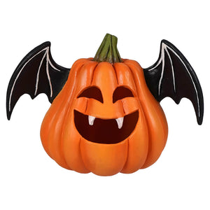 Orange pumpkin bat luminary with black wings and white fangs hand-painted resin by bethany lowe design
