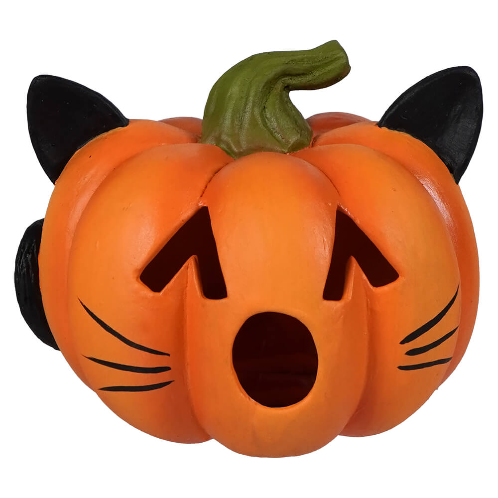 Orange pumpkin cat luminary by bethany lowe design in tiny pumpkin form with black ears and green stem details
