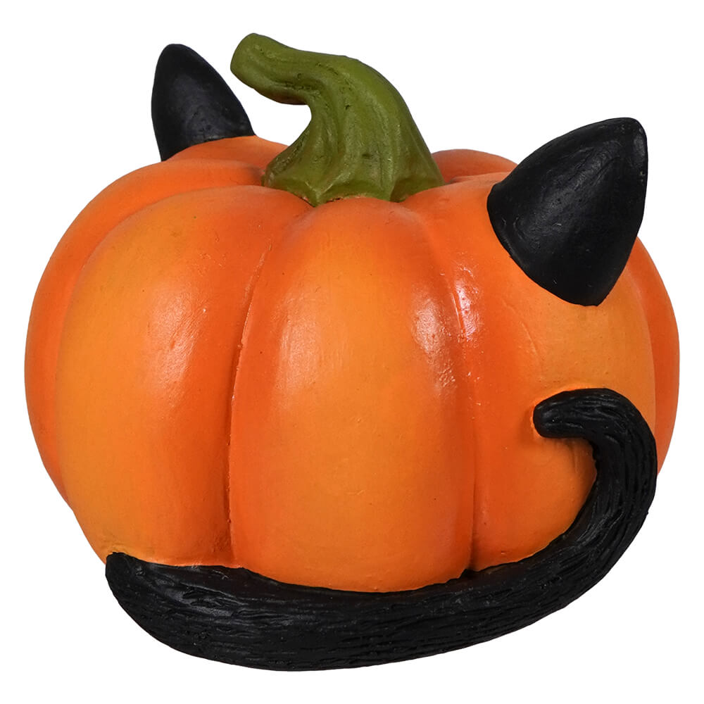 Orange pumpkin cat luminary with black cat ears tail green stem by bethany lowe design in tiny pumpkin form