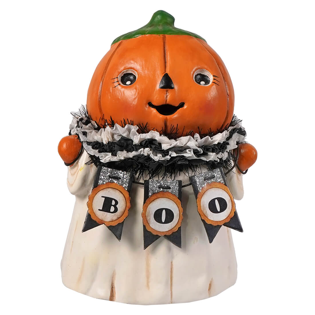 Orange pumpkinhead ghostie figurine with black white scarf glittery boo banners and orange pom-pom hands by michelle allen