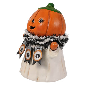 Orange pumpkinhead ghostie figurine with green stem and boo banners perfect for oct 31st pumpkinhead decor