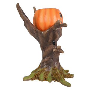 Orange pumpkin candy bowl in a mossy brown tree branch with black spider figural decor by bethany lowe designs happy haunting tree