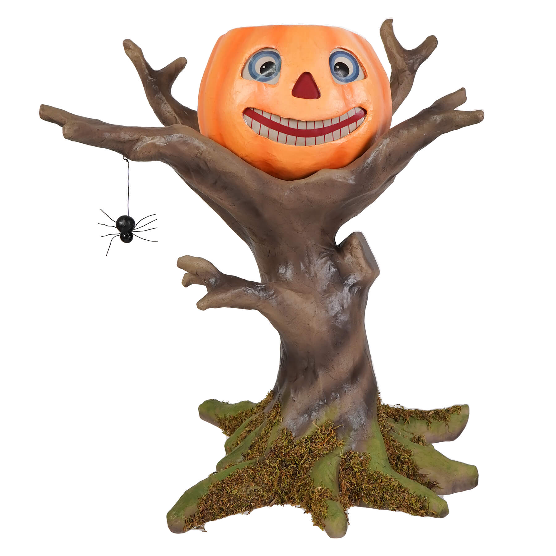 Pumpkin hollow hideaway orange pumpkin-headed scarecrow figurine with blue eyes on mossy brown tree trunk base by bethany lowe designs happy haunting tree figural decor