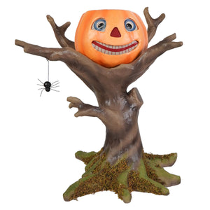 Pumpkin hollow hideaway orange pumpkin-headed scarecrow figurine with blue eyes on mossy brown tree trunk base by bethany lowe designs happy haunting tree figural decor