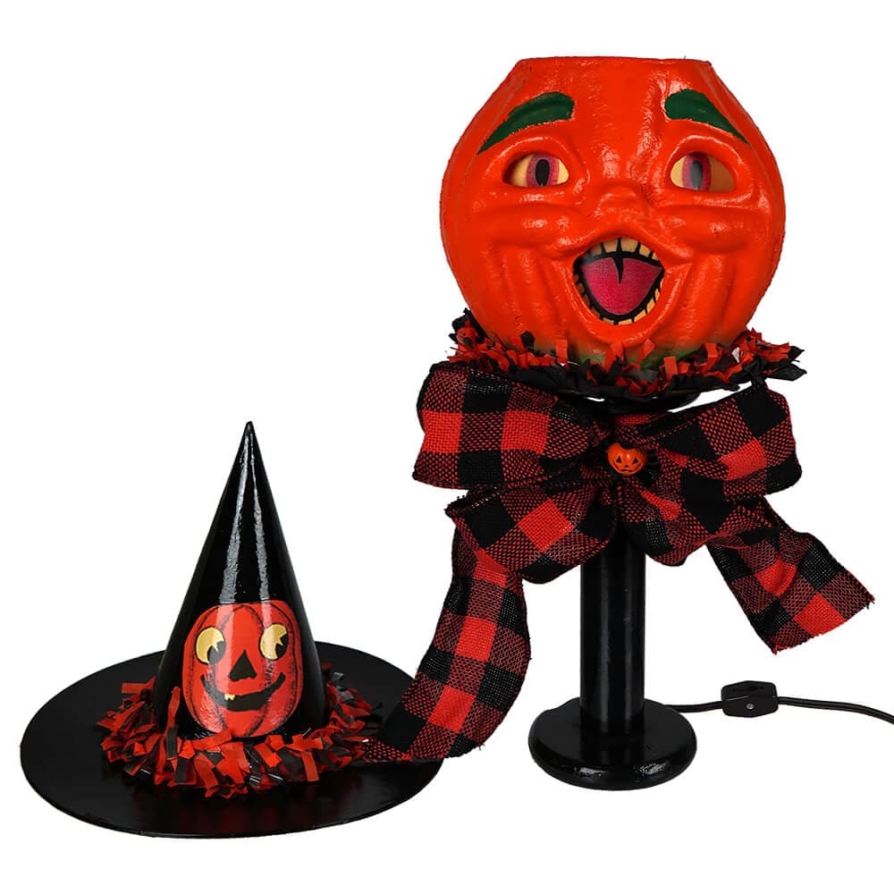 Pumpkin in Black Witch Hat Light Up Pedestal