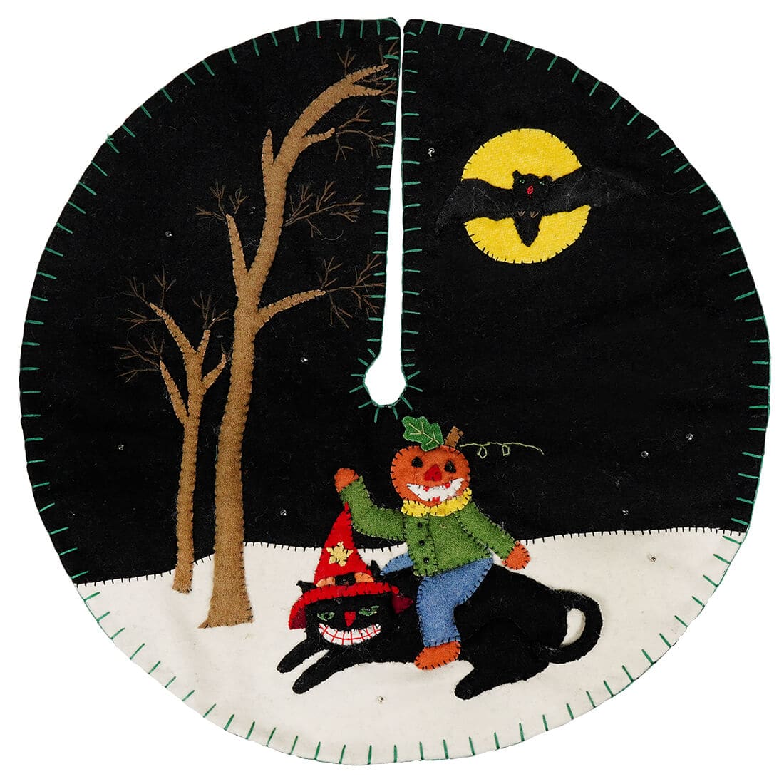 Pumpkin Man Riding Smiling Cat Tree Skirt