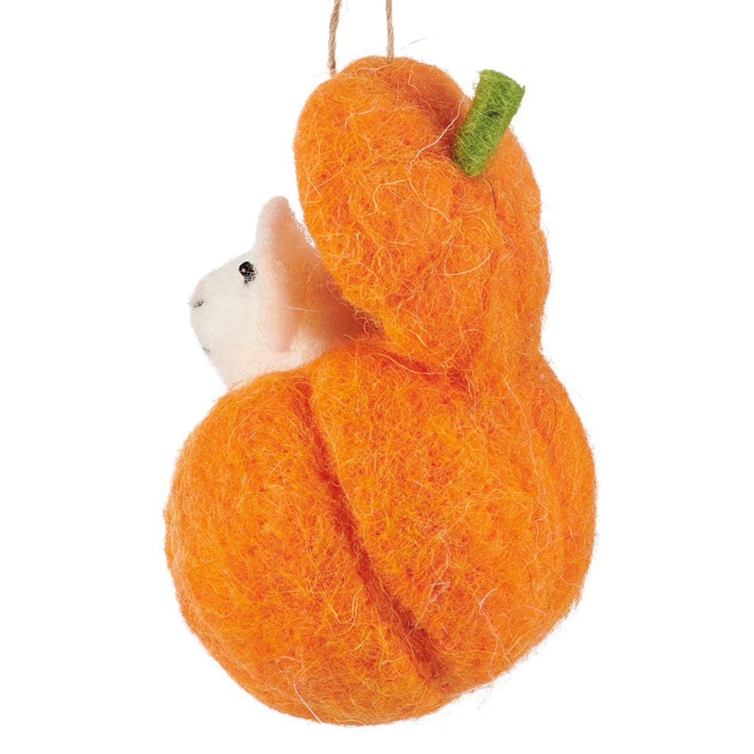 Orange felt pumpkin mouse critter ornament with white mouse peeking out for kathy’s halloween collection