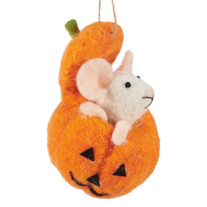 Orange felt pumpkin mouse critter ornament with white mouse from kathys halloween collection featuring halloween cats