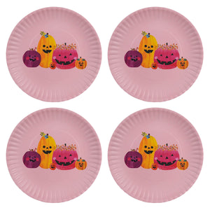 Pink pumpkin paper melamine plates set of 4 with colorful smiling carved pumpkins for long lasting use
