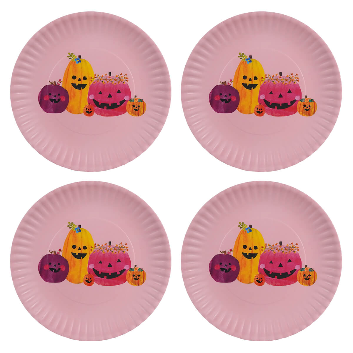 Pink pumpkin paper melamine plates set of 4 with colorful smiling carved pumpkins for long lasting use