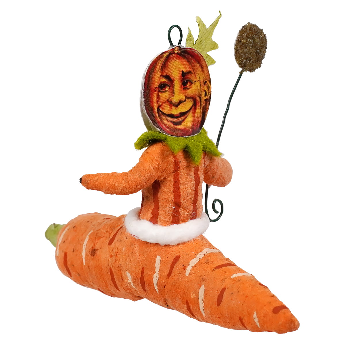 Orange carrot-shaped pumpkin person ornament with green leafy collar and white fur trim, perfect for krampus freestand decor