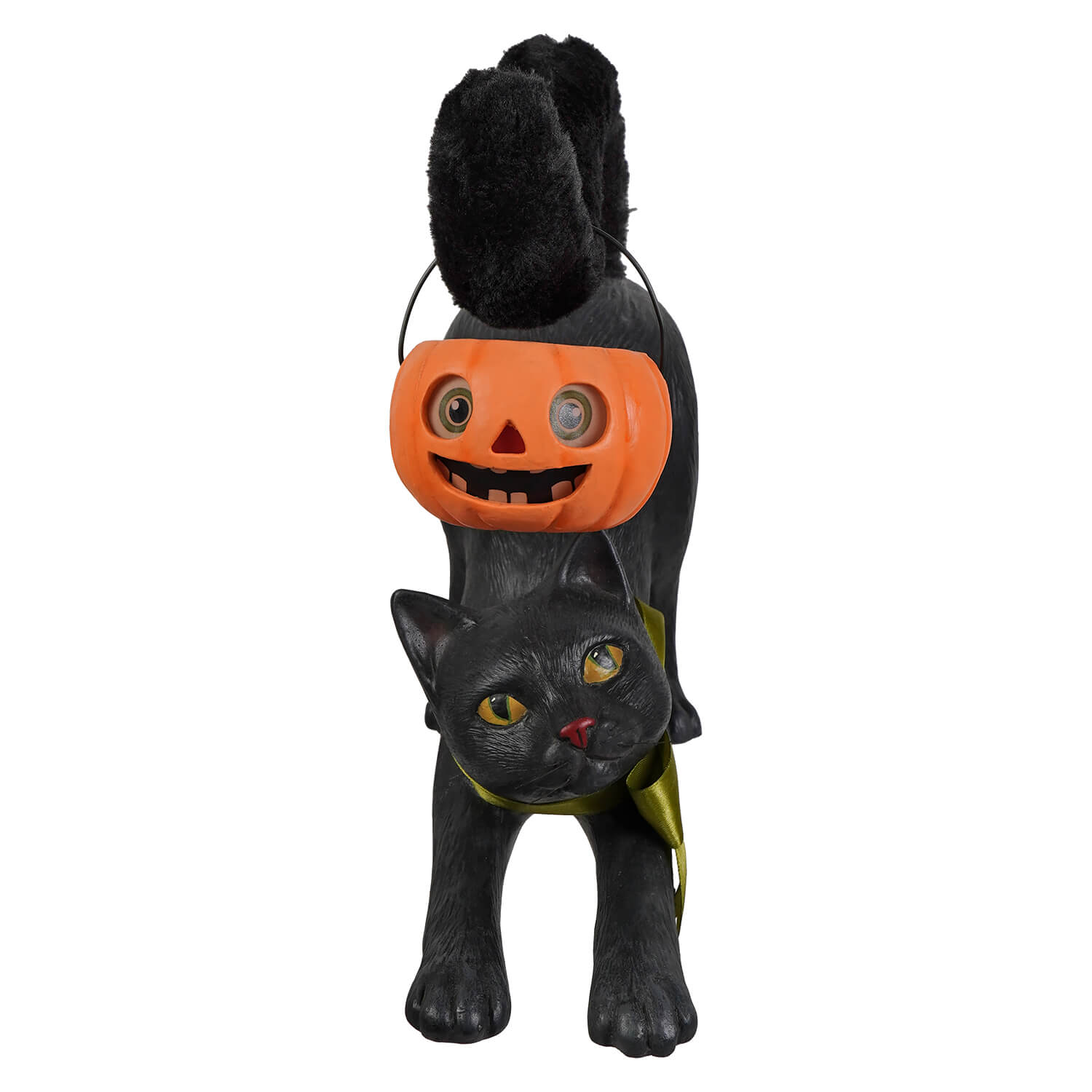 Black cat figurine with plush tail and orange pumpkin head perfect for vintage halloween tabletop decor and halloween cats