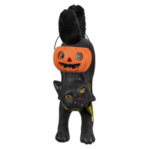 Black cat figurine with plush tail and orange pumpkin head perfect for vintage halloween tabletop decor and halloween cats