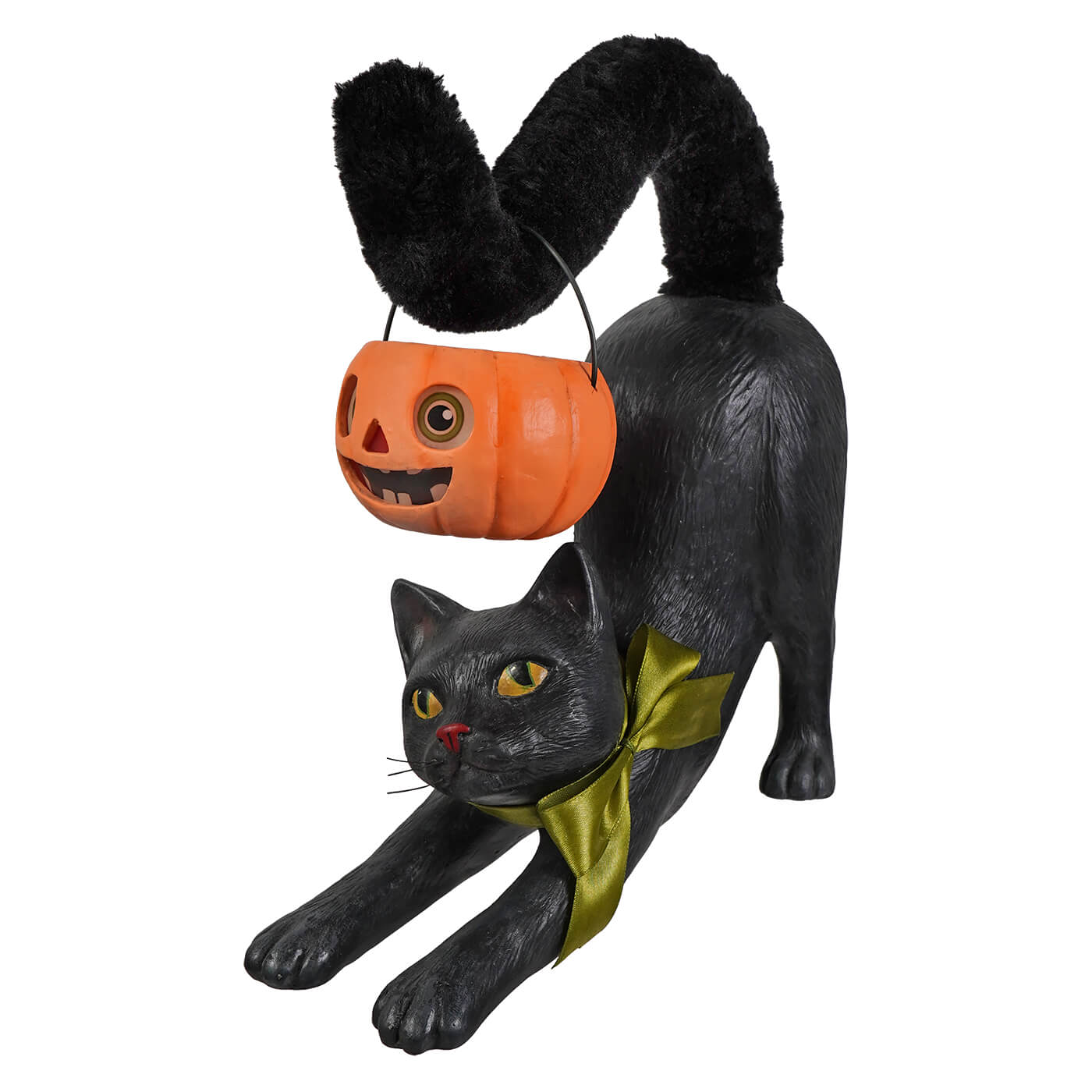 Black cat halloween cats figurine with plush tail gold ribbon carrying orange pumpkin lantern vintage halloween tabletop decor